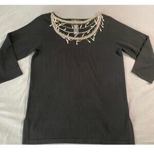 Bob Mackie Black Knit Top with pearl neckline detail SZ XS